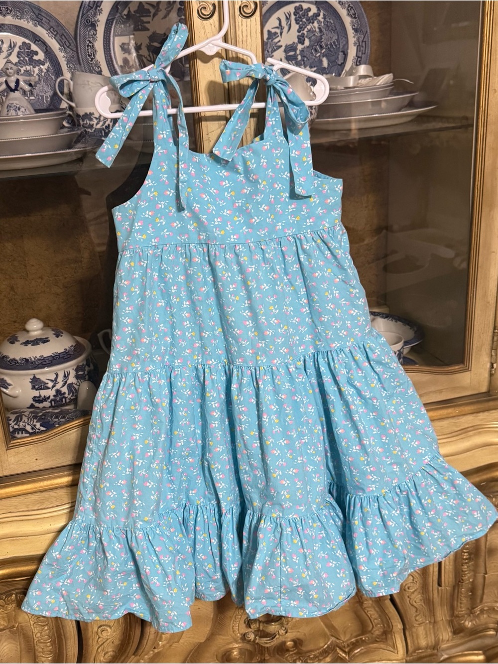 Eleanor Rose Sierra dress 7-8 Girls blue dainty floral tiered tie shoulders